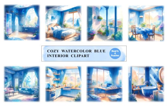 Cozy Watercolor Blue Interior Clipart: A Versatile Tool for Creative Projects