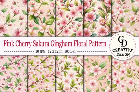 Pink Cherry Sakura Gingham Floral Pattern