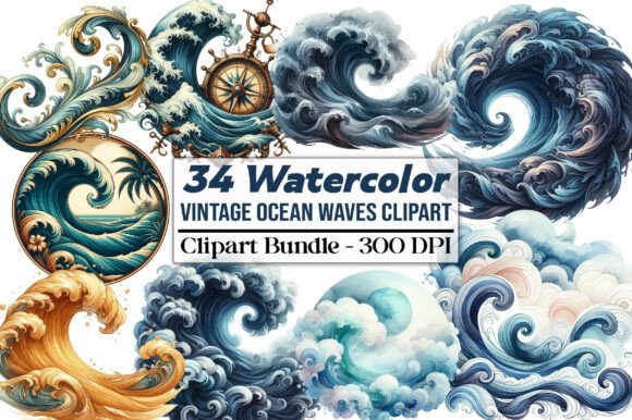 Vintage Ocean Waves Clipart: A Timeless Design Resource for Creatives