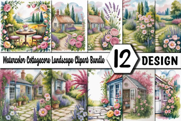 Watercolor Cottagecore Landscape Clipart – Add Charm to Your Creative Projects